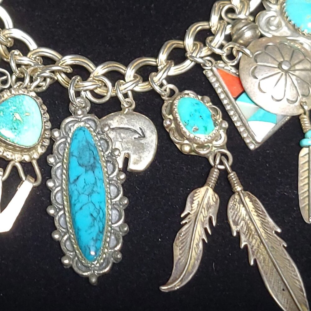 NAVAJO, HOPI, ZUNI & PAWN Turquoise Spiny Oyster, Lapis, Coral CHARM BRACELET - Picture 4 of 12